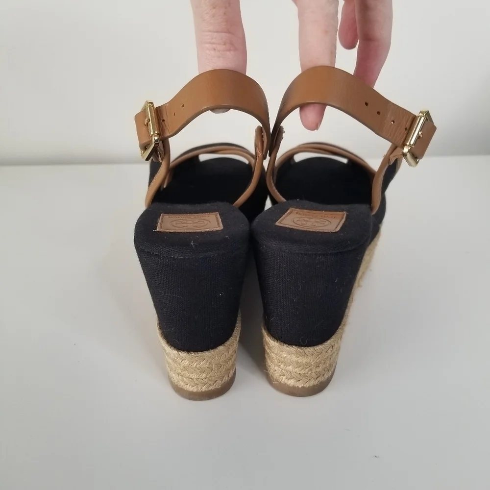 Tory Burch Majorca Peep Toe Sling Back Espadrille Wedges Size 9.5 Black/Tan